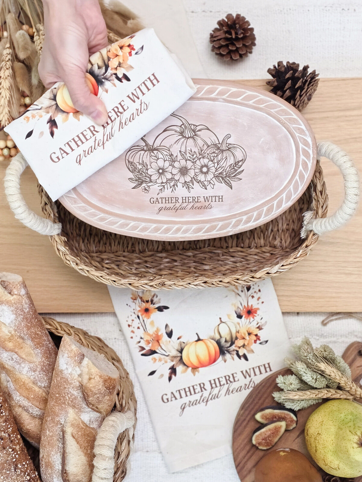 Bread Warmer & Basket Gift Set with Tea Towel - Pumpkin Oval-1