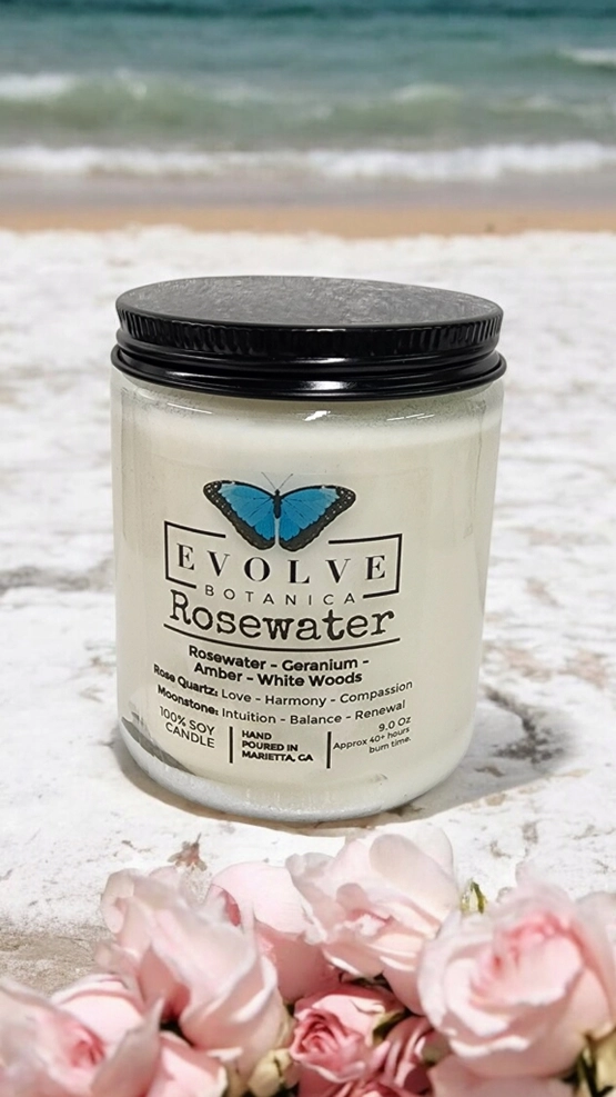 Classic 9oz Jam Jar Crystal Soy Candle - Rosewater (Rose Quartz & Moonstone)-2