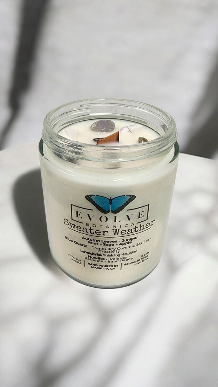 Classic 9oz Jam Jar Crystal Soy Candle - Sweater Weather (Howlite & Labradorite)-0