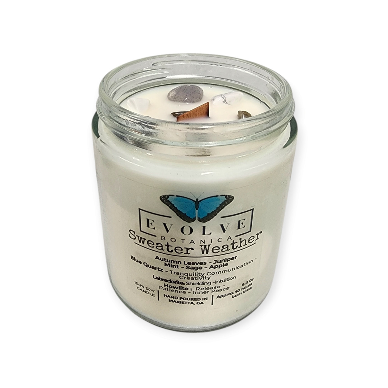 Classic 9oz Jam Jar Crystal Soy Candle - Sweater Weather (Howlite & Labradorite)-4