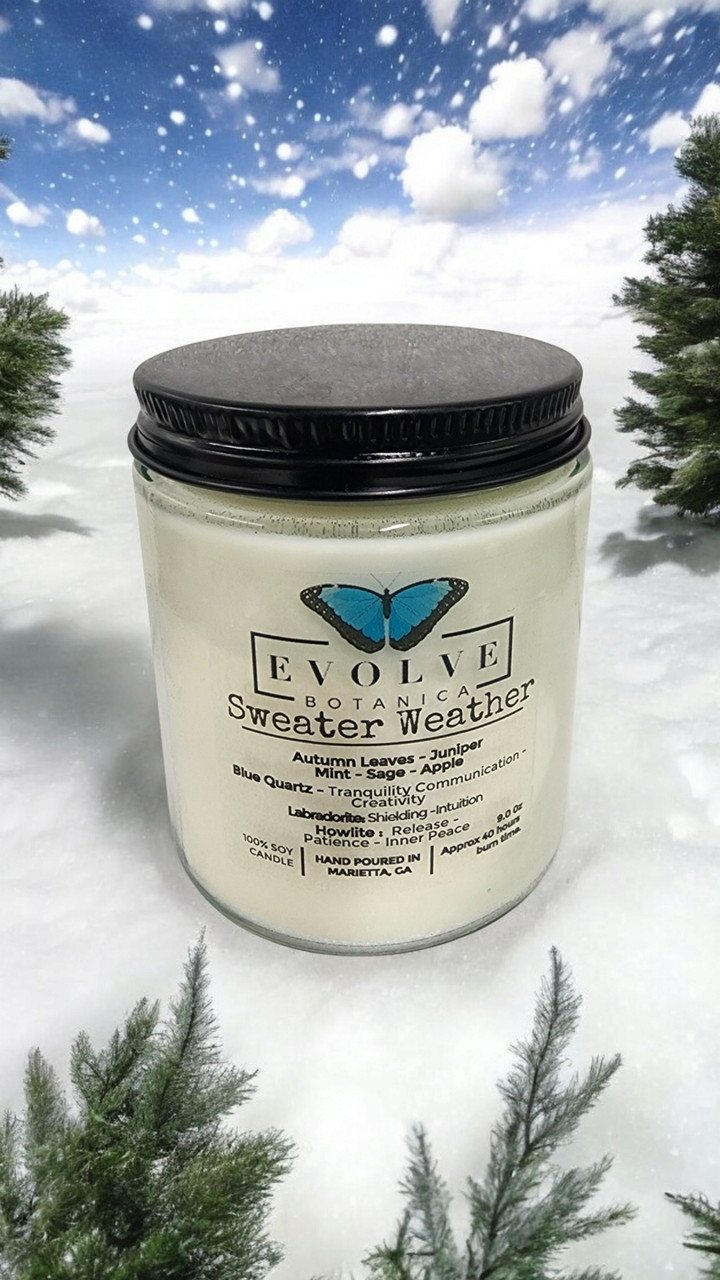 Classic 9oz Jam Jar Crystal Soy Candle - Sweater Weather (Howlite & Labradorite)-2