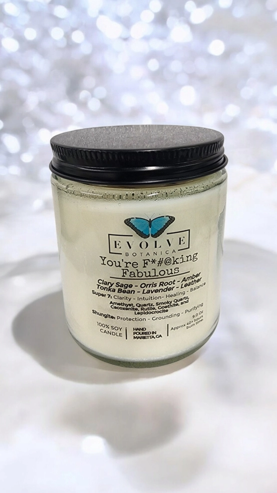 Classic 9oz Jam Jar Crystal Soy Candle - You're F*#@king Fabulous (Amethyst, Quartz, Smoky Quartz, Cacoxenite, Rutile, Goethite, & Lepidocrocite)-0