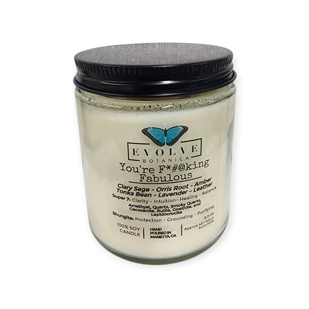 Classic 9oz Jam Jar Crystal Soy Candle - You're F*#@king Fabulous (Amethyst, Quartz, Smoky Quartz, Cacoxenite, Rutile, Goethite, & Lepidocrocite)-1