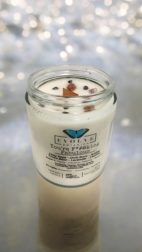 Classic 9oz Jam Jar Crystal Soy Candle - You're F*#@king Fabulous (Amethyst, Quartz, Smoky Quartz, Cacoxenite, Rutile, Goethite, & Lepidocrocite)-2