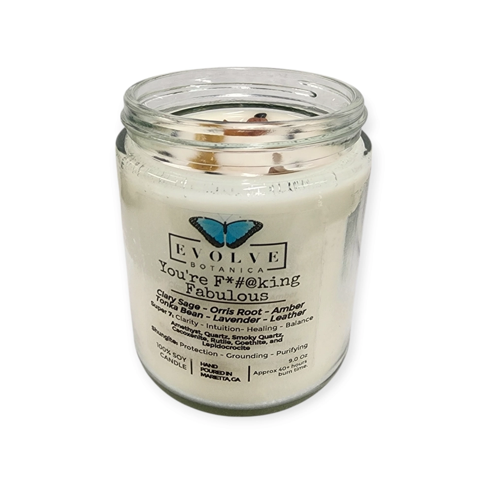 Classic 9oz Jam Jar Crystal Soy Candle - You're F*#@king Fabulous (Amethyst, Quartz, Smoky Quartz, Cacoxenite, Rutile, Goethite, & Lepidocrocite)-3