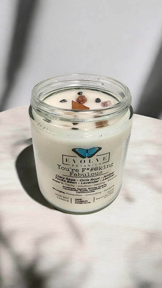 Classic 9oz Jam Jar Crystal Soy Candle - You're F*#@king Fabulous (Amethyst, Quartz, Smoky Quartz, Cacoxenite, Rutile, Goethite, & Lepidocrocite)-4