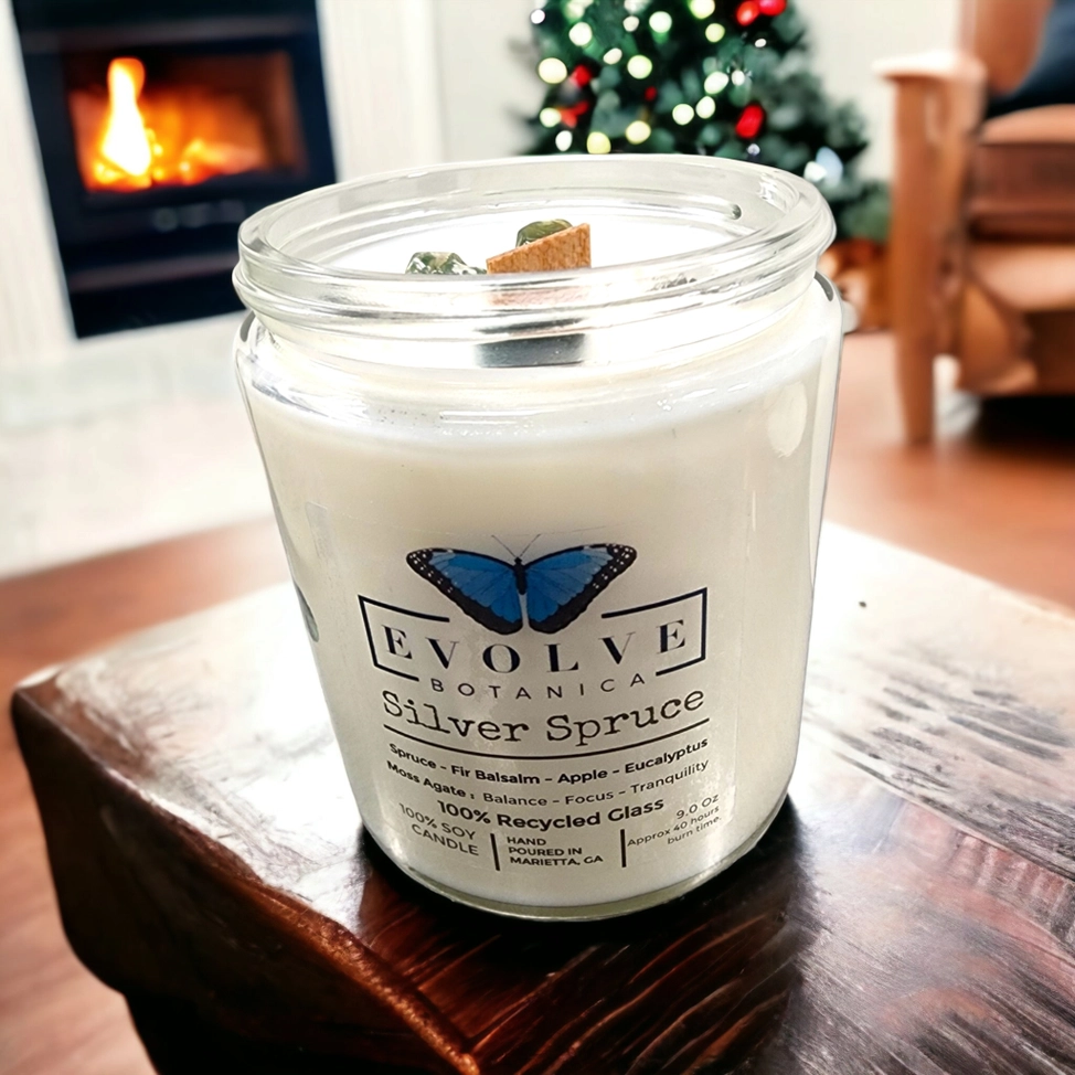 Wood Wick Crystal Soy Candle - Silver Spruce (Moss Agate)-2