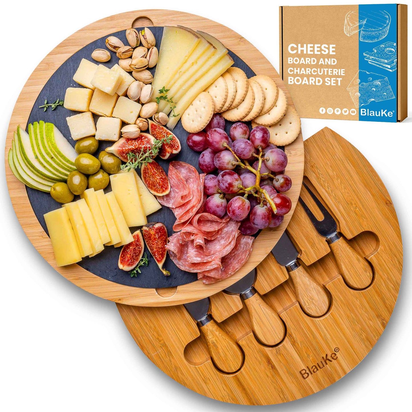 Round Bamboo Cheese Board with Knife Set and Removable Slate - 12 inch Swiveling Charcuterie Board-0