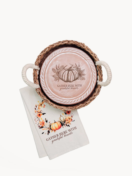 Bread Warmer & Basket Gift Set with Tea Towel - Pumpkin Round-0
