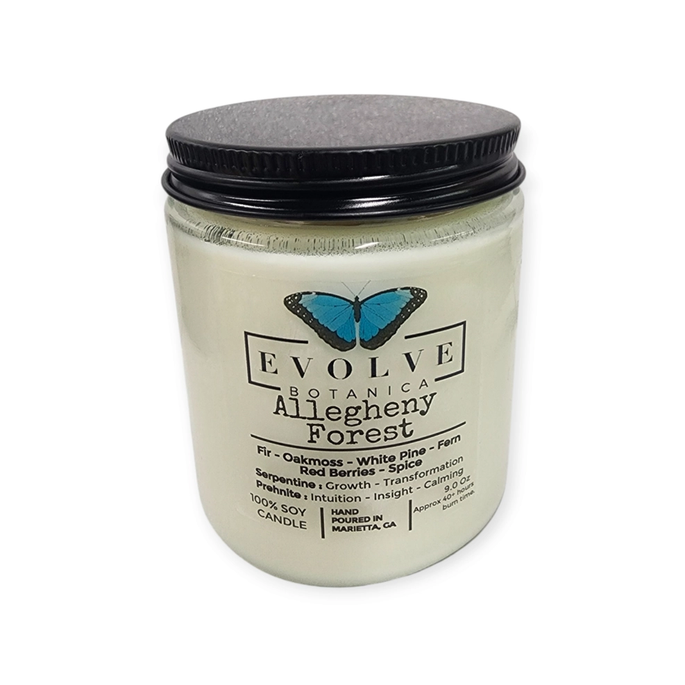Classic 9oz Jam Jar Crystal Soy Candle - Allegheny Forest (Serpentine & Prehnite )-1