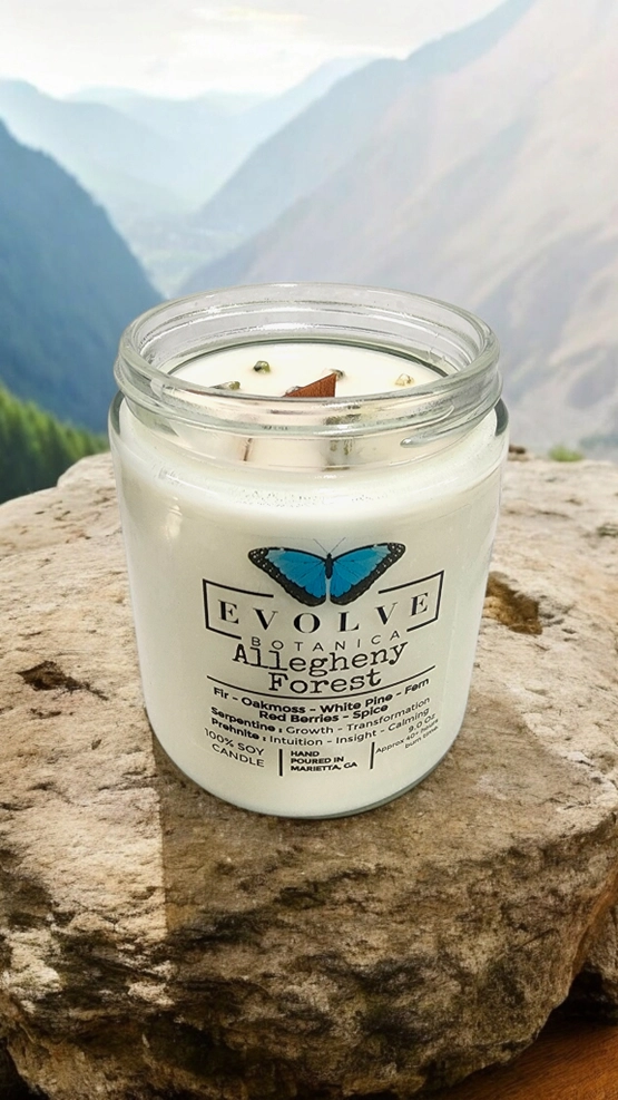 Classic 9oz Jam Jar Crystal Soy Candle - Allegheny Forest (Serpentine & Prehnite )-4
