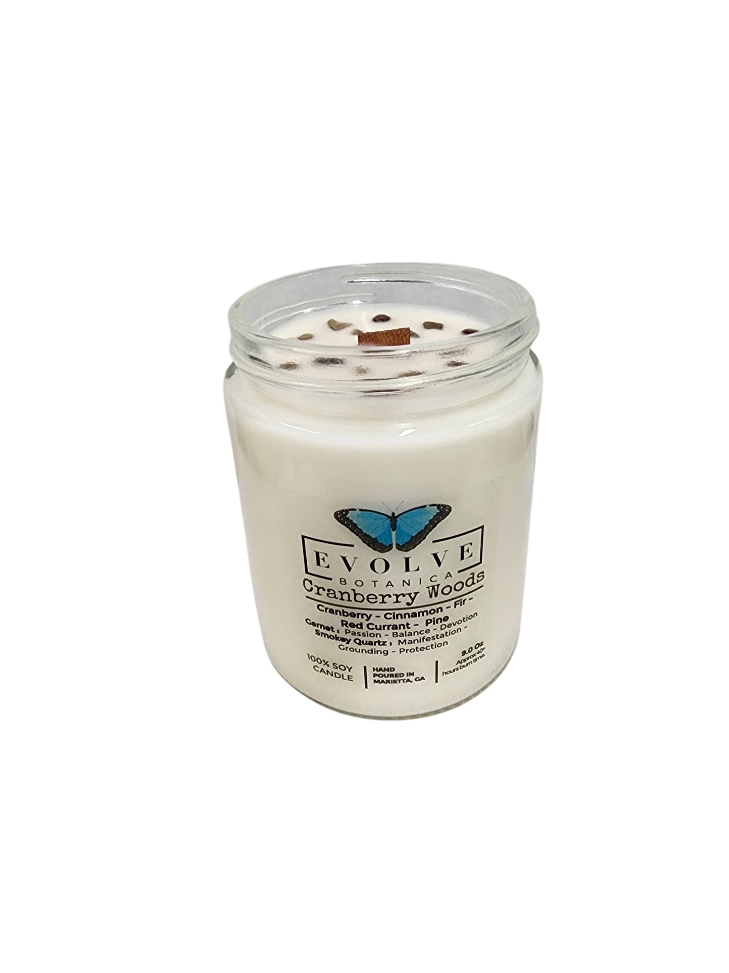 Classic 9oz Jam Jar Crystal Soy Candle - Cranberry Woods (Garnet & Smokey Quartz)-4
