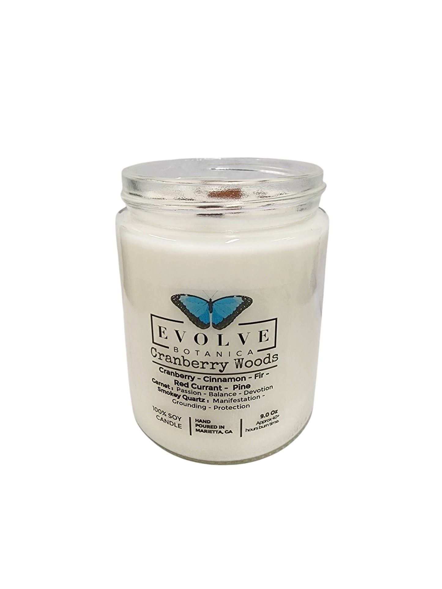 Classic 9oz Jam Jar Crystal Soy Candle - Cranberry Woods (Garnet & Smokey Quartz)-3