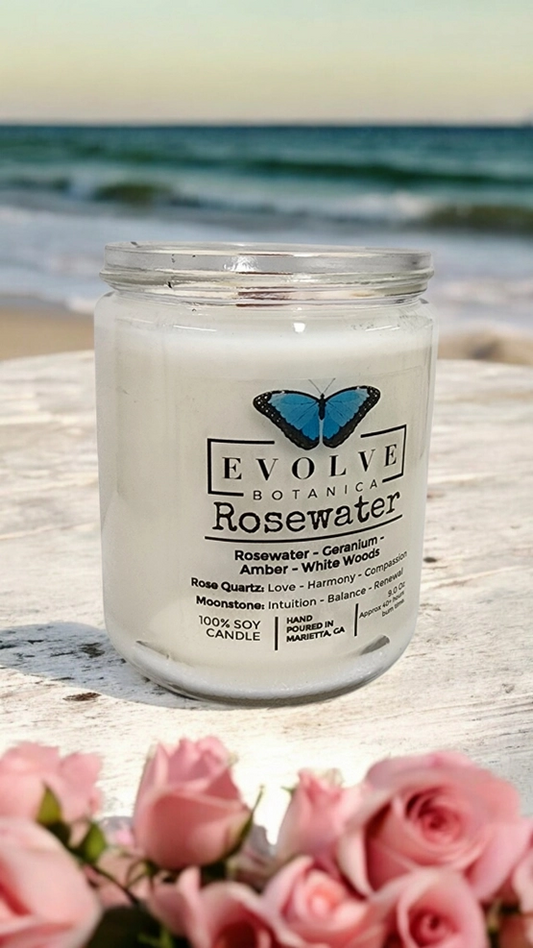 Classic 9oz Jam Jar Crystal Soy Candle - Rosewater (Rose Quartz & Moonstone)-0