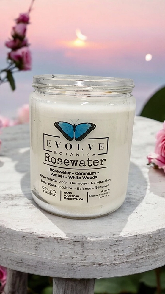 Classic 9oz Jam Jar Crystal Soy Candle - Rosewater (Rose Quartz & Moonstone)-1