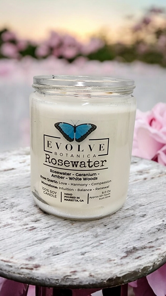 Classic 9oz Jam Jar Crystal Soy Candle - Rosewater (Rose Quartz & Moonstone)-3