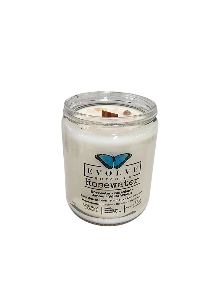 Classic 9oz Jam Jar Crystal Soy Candle - Rosewater (Rose Quartz & Moonstone)-4