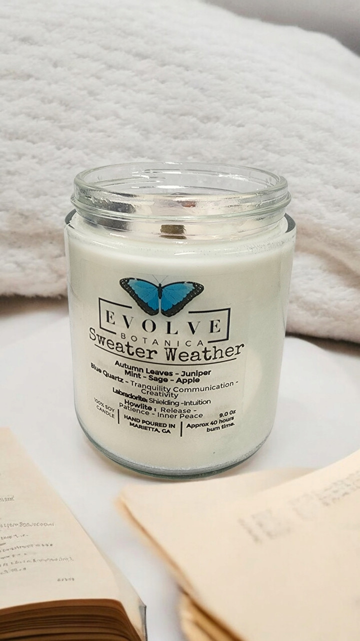 Classic 9oz Jam Jar Crystal Soy Candle - Sweater Weather (Howlite & Labradorite)-1