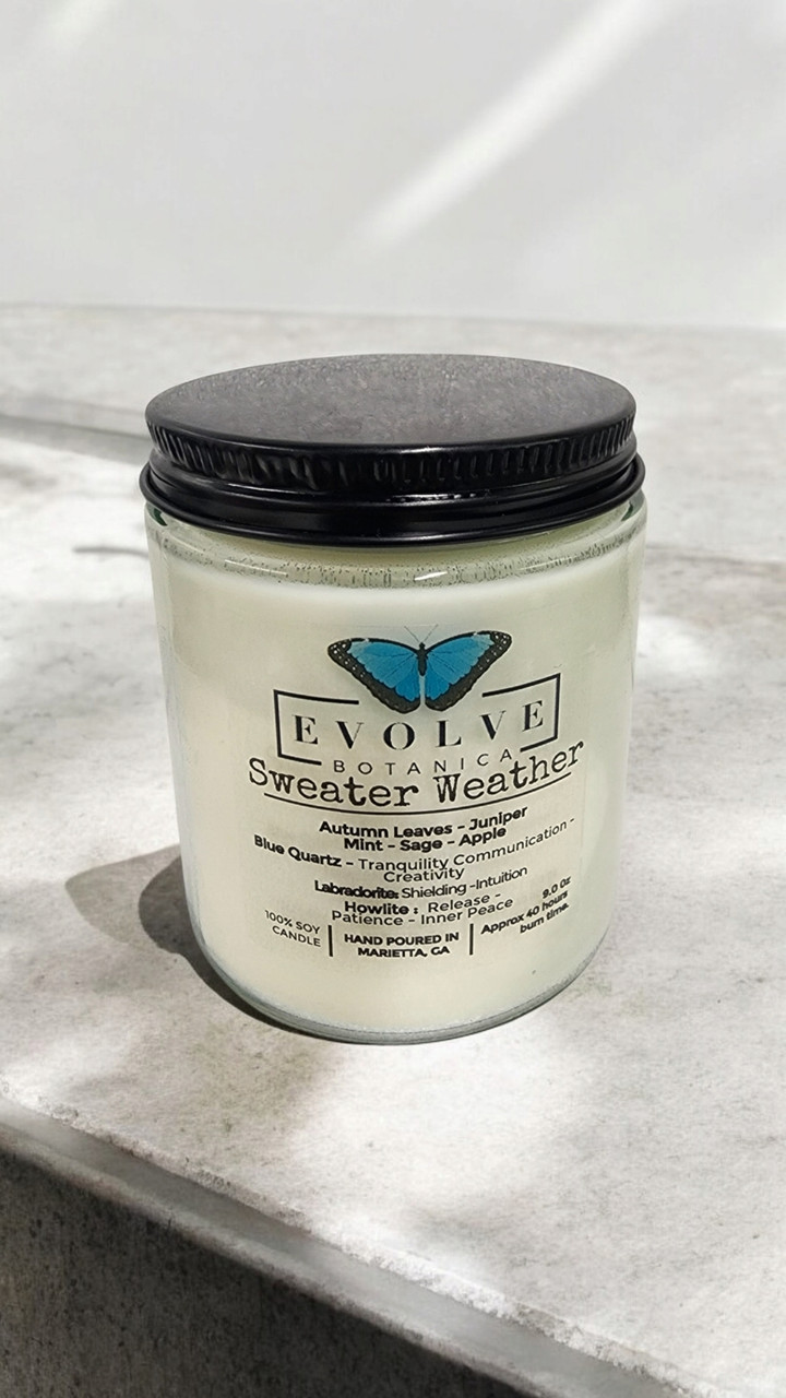 Classic 9oz Jam Jar Crystal Soy Candle - Sweater Weather (Howlite & Labradorite)-3