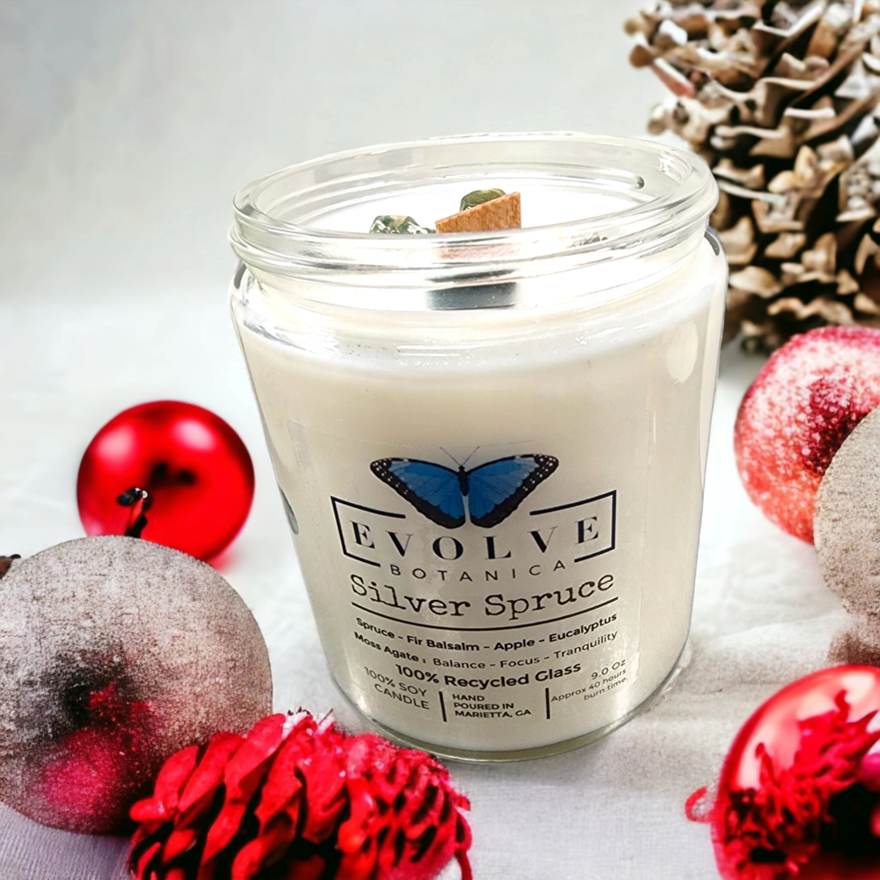 Wood Wick Crystal Soy Candle - Silver Spruce (Moss Agate)-1