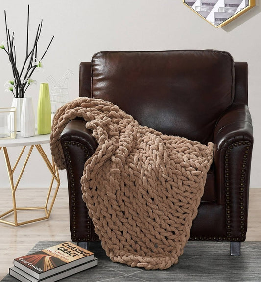 Chenille Chunky Knit Throw Blanket - Mushroom-0
